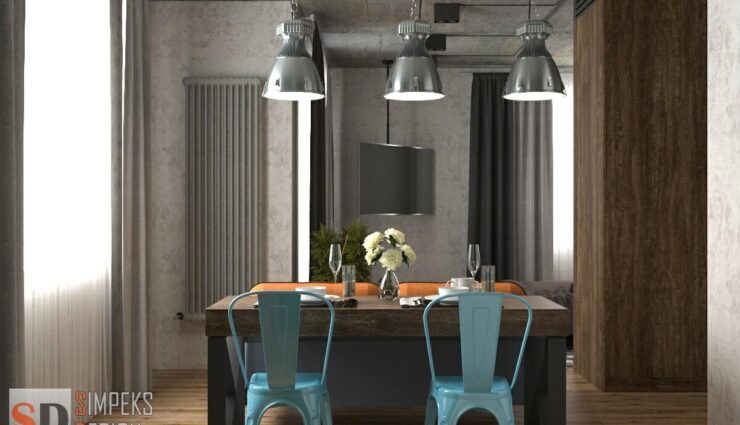 Loft-style lamps above the dining area