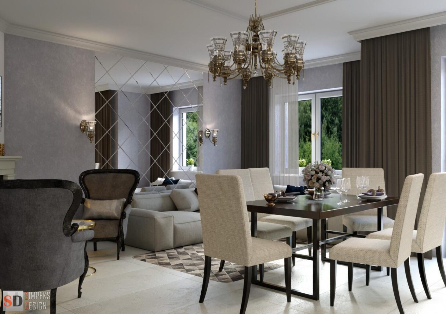 Kitchen - living room in gray - brown tones