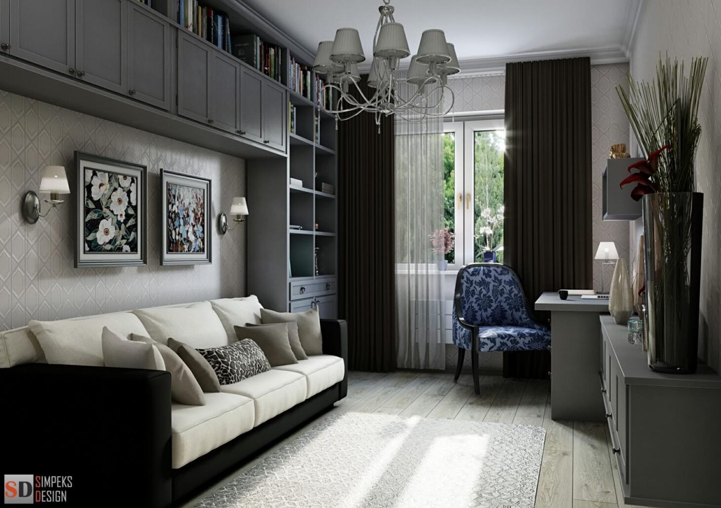 Bookshelves in the room