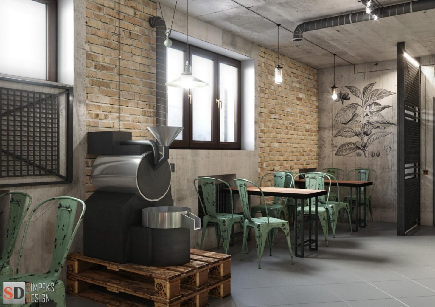 Pallets in the interior of the cafe