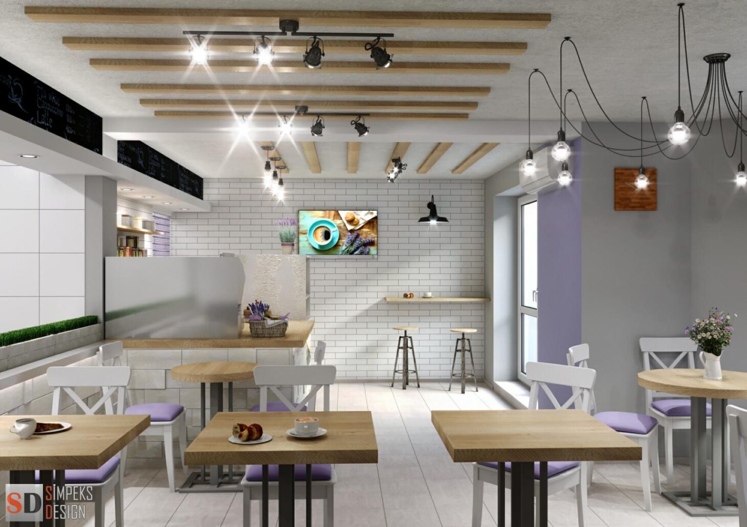 The combination of wood and soft colors of textiles in a cafe