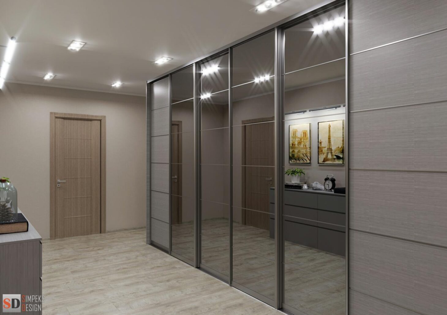 Sliding wardrobe on the whole wall in the hallway with lighting