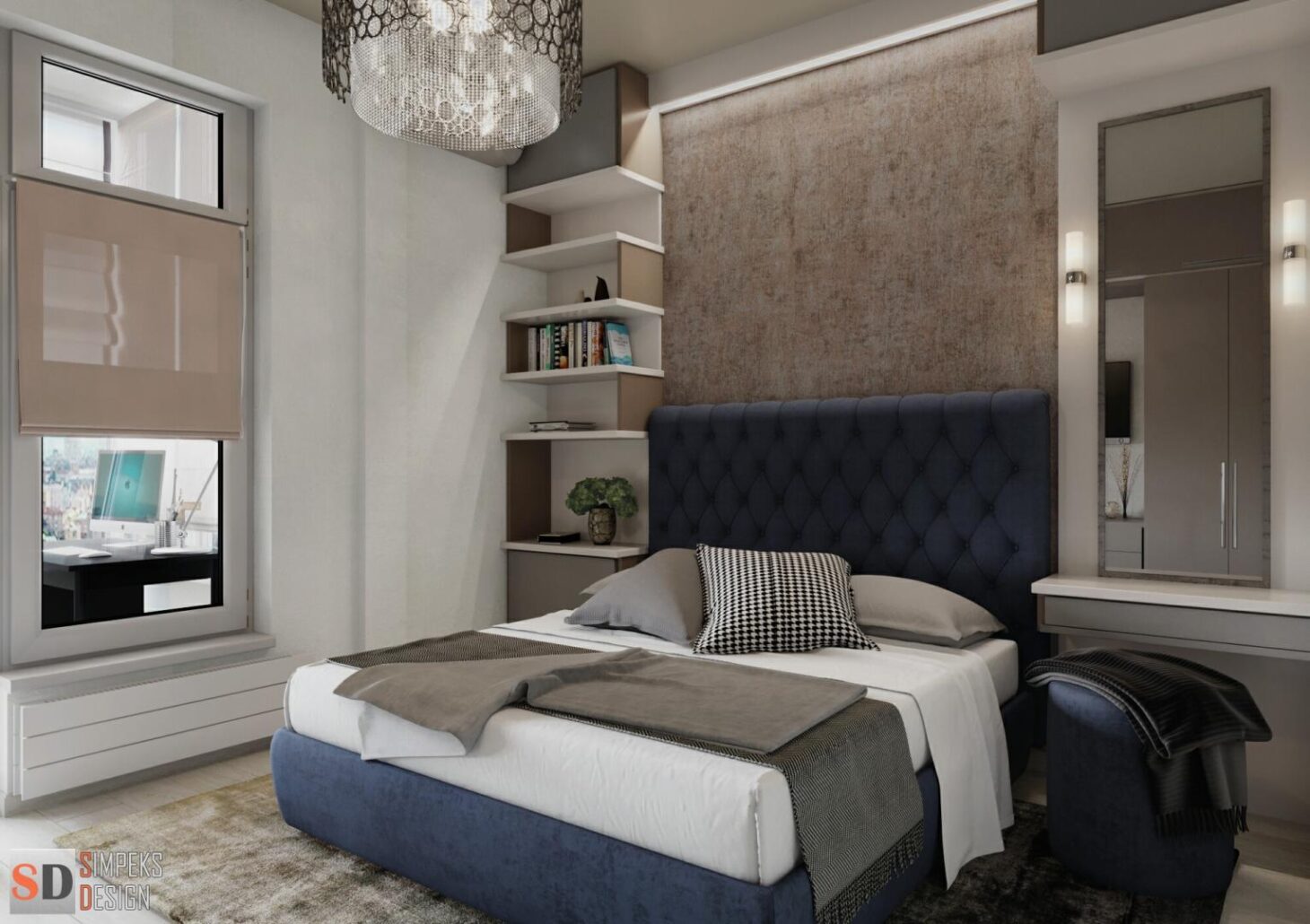 Decor and decoration of wall shelves in the bedroom