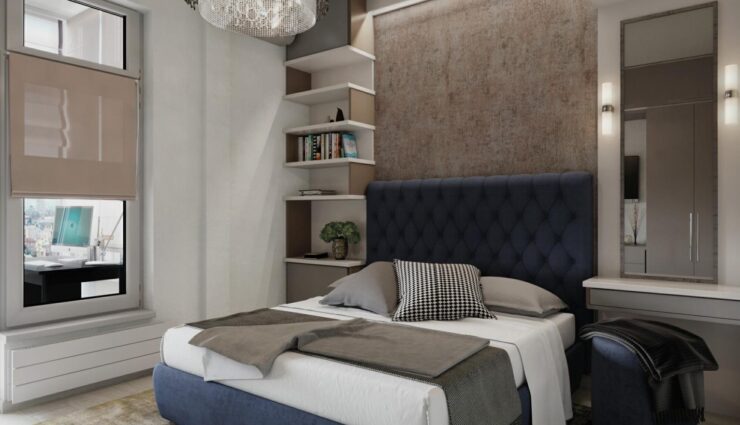 Decor and decoration of wall shelves in the bedroom