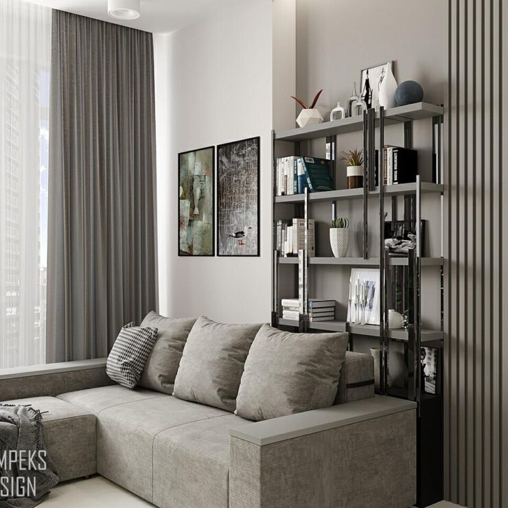 Design of a one-room apartment of 53 sq.m., Kyiv, “River Stone”