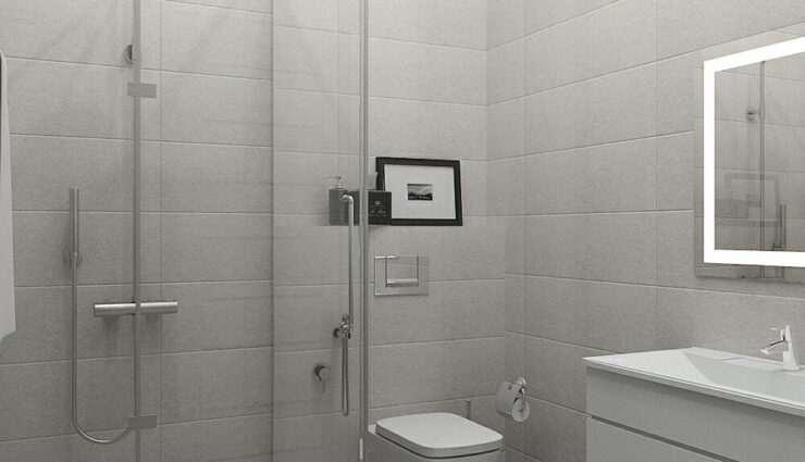 Bathroom with light gray tiles