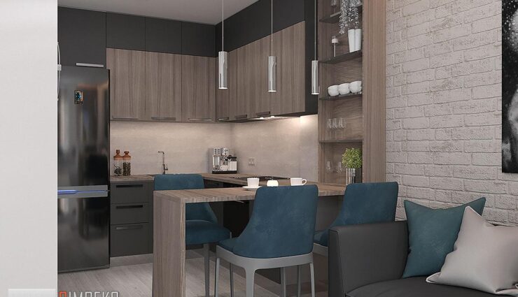 Kitchen with wooden wall cabinets