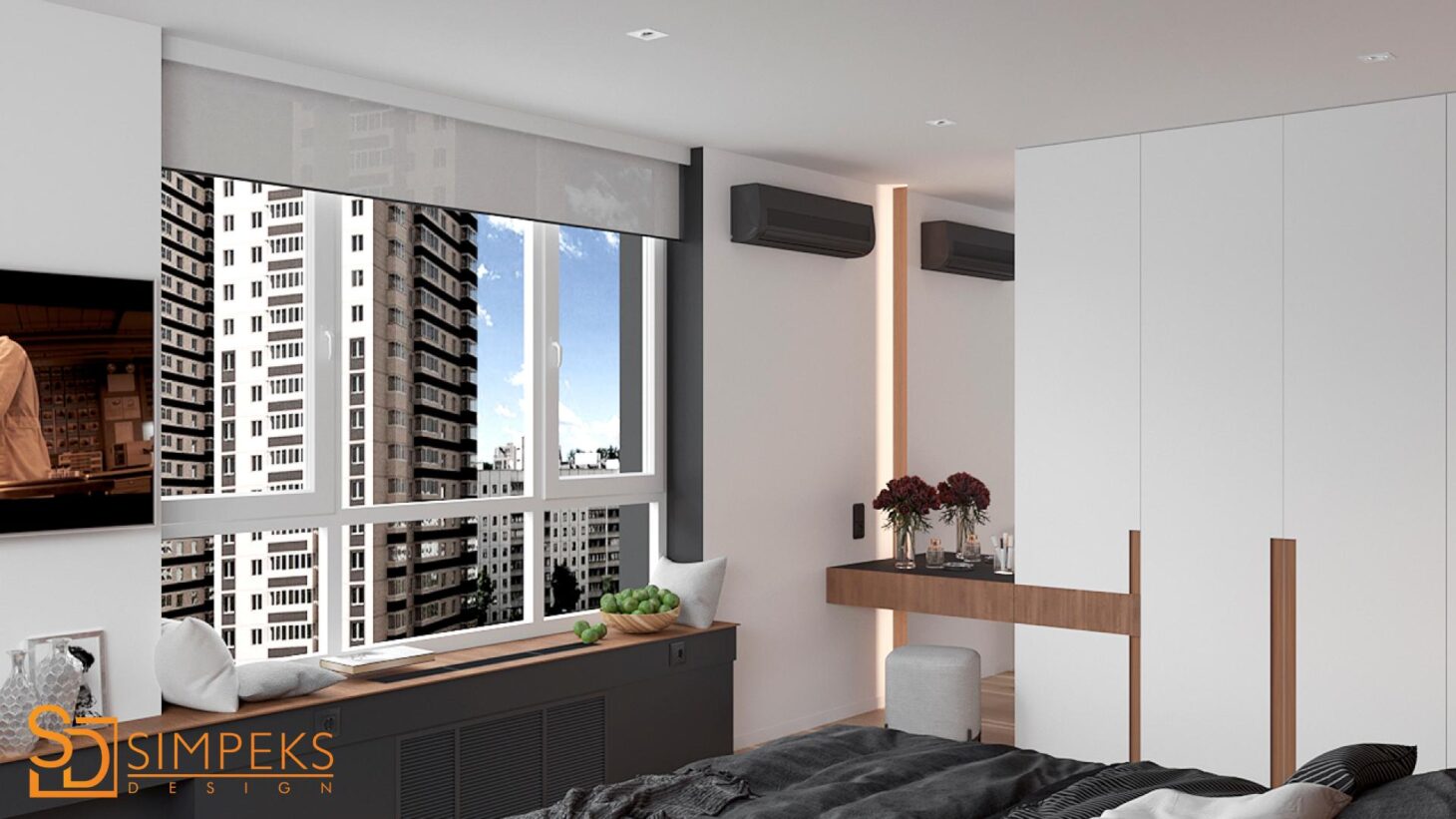 A dressing table with a wardrobe in the bedroom