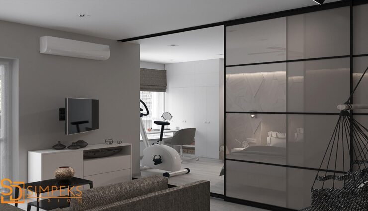 Partition made of glass in the bedroom