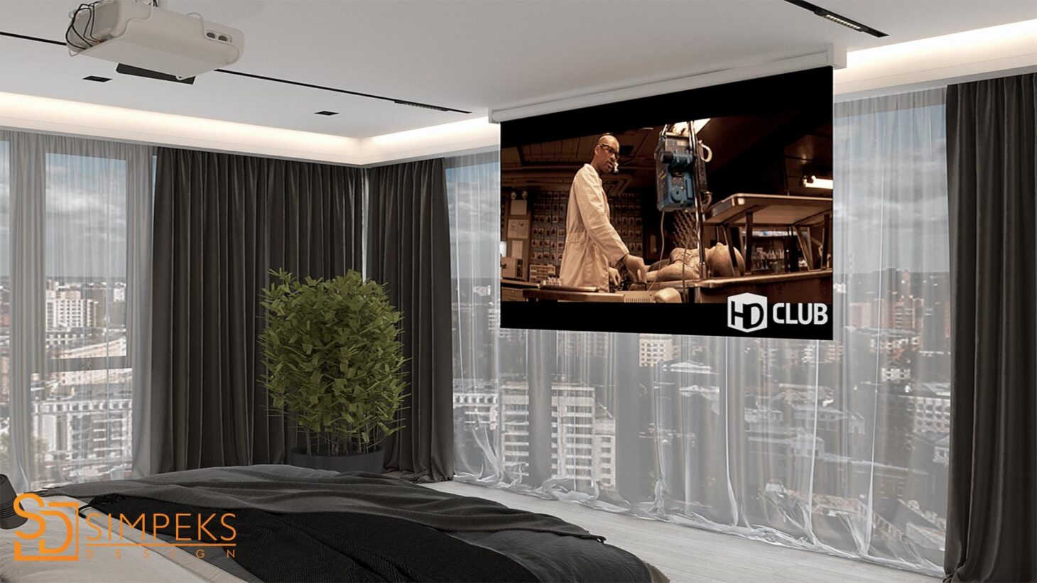 A bedroom with panoramic windows and a projector