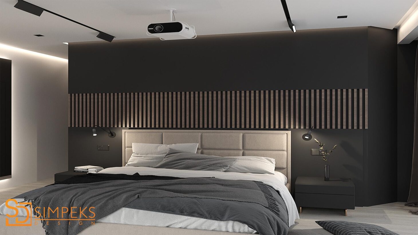 Bedroom in art deco style with decorative strips
