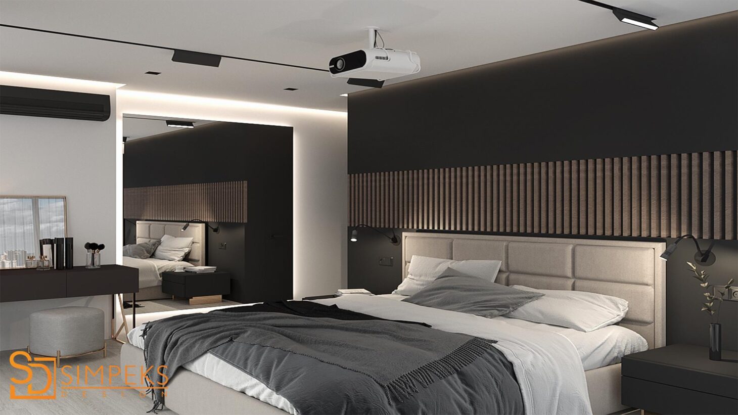 A bedroom in a modern style with linear lamps