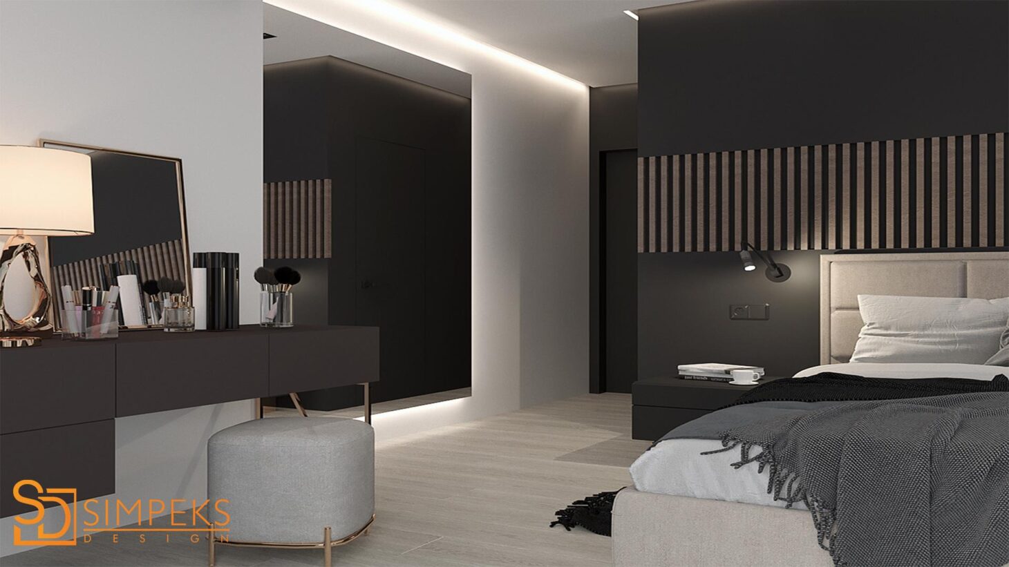 A large mirror with lighting in the bedroom